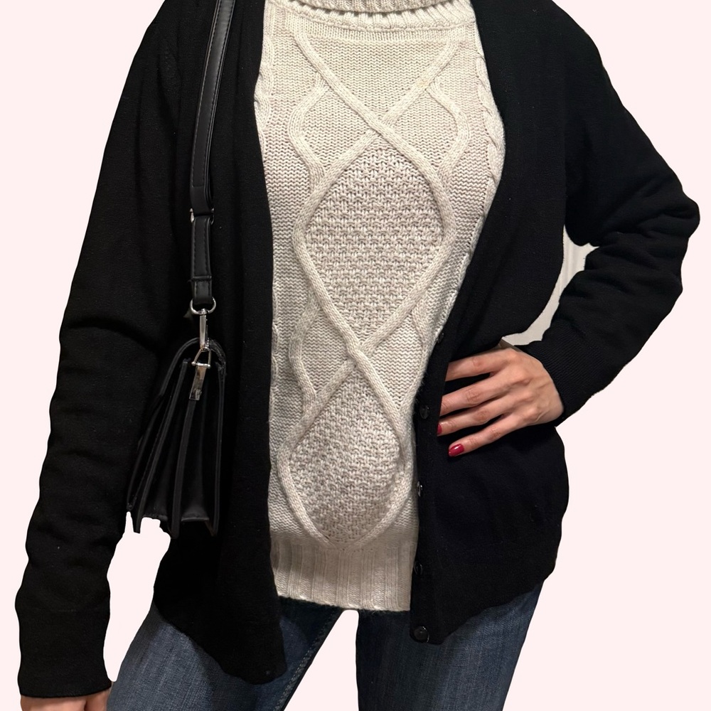 Women's Black Cardigan and White Cable Knit Sweater